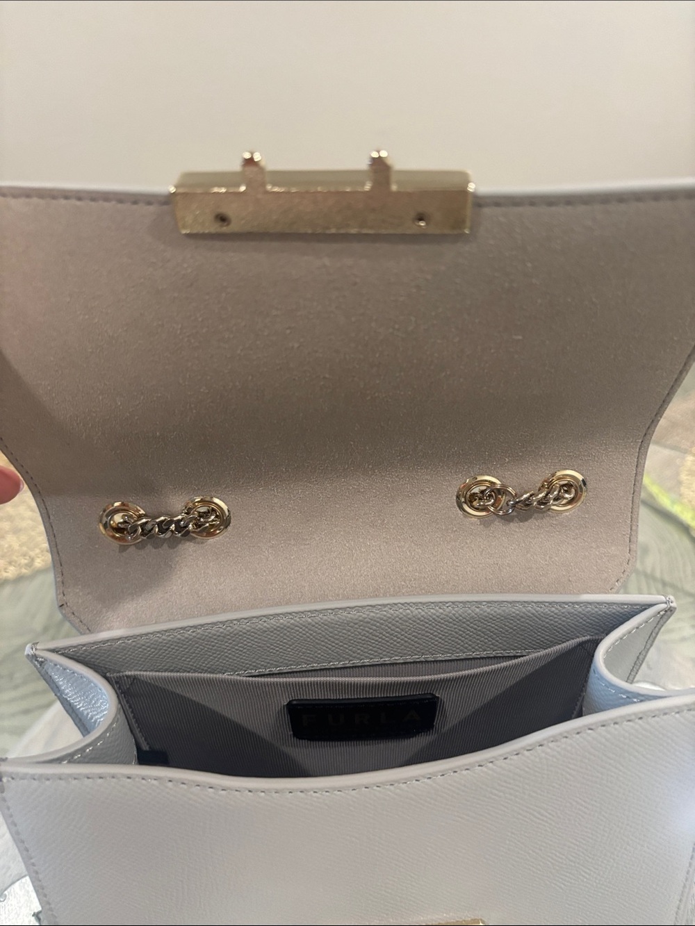New Furla Light Gray Saffiano Leather Crossbody with Gold Chain/hardware & dusty - Picture 8 of 13
